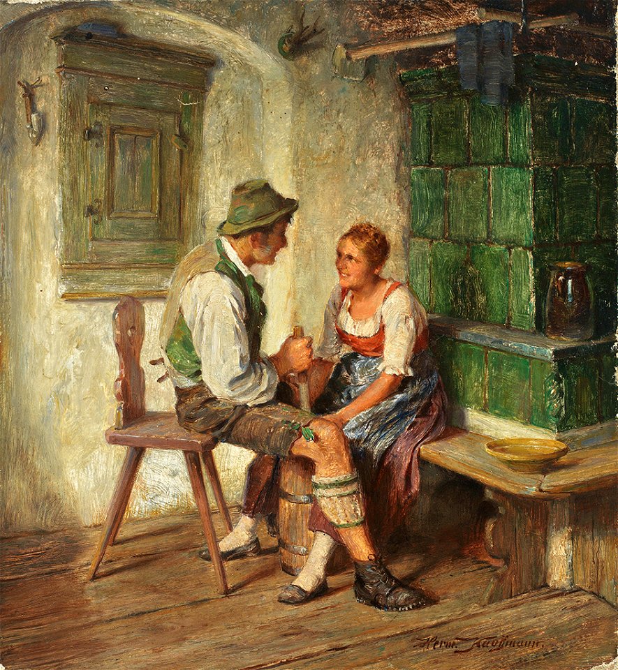 Hermann Kauffmann Tändelndes Paar beim Buttern in der Stube