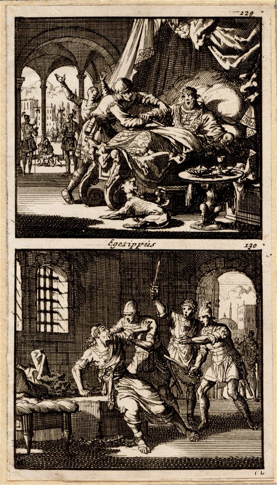 Herodes te bed wordt door een krijgsman verhinderd zichzelf te doden, Antipater wordt in opdracht van zijn vader Herodes in de gevangenis gedood, objectnr A 48179