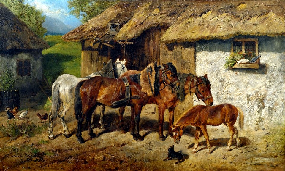Hermine Biedermann-Arendts Angeschirrte Pferde am Stallgebäude