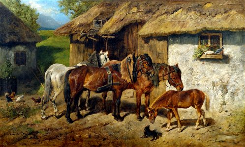 Hermine Biedermann-Arendts Angeschirrte Pferde am Stallgebäude