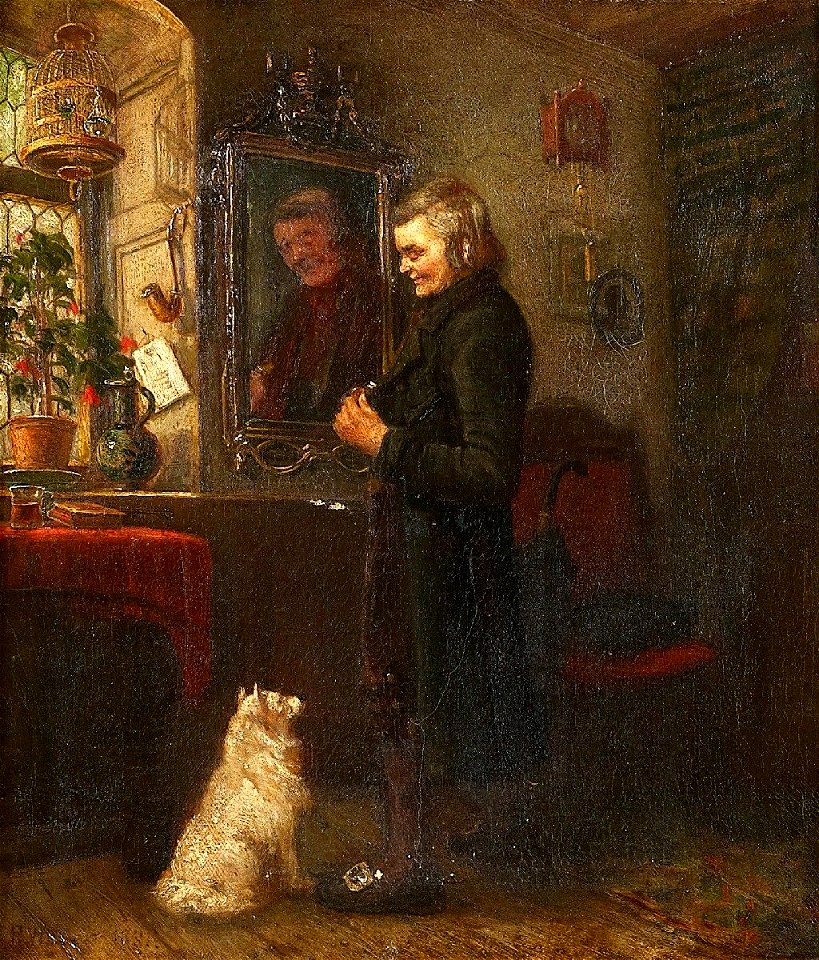 Herr am Spiegel mit seinem Spitz