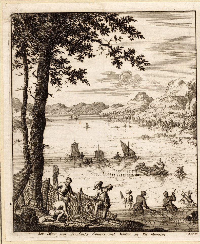 Het meer van Zirchnitz somers met water en vis voorsien, objectnr A 19702.1