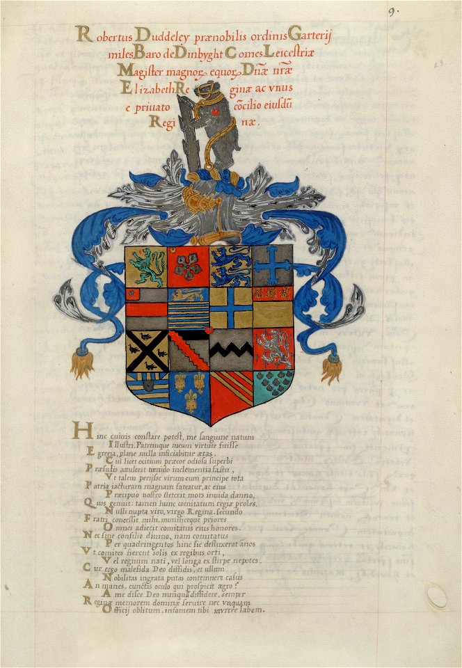 Heroica Eulogia HM 160 fol 11 Arms of Robert Dudley Earl of Leicester