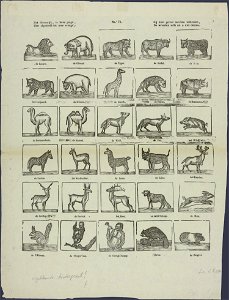 Het dierenrijk, is lieve jeugd, Hier afgebeeld tot uw vreugd; Gij kunt gerust met hen verkeeren, de wreedste zelfs zal u niet deeren-Catchpenny print-SMC K 0048