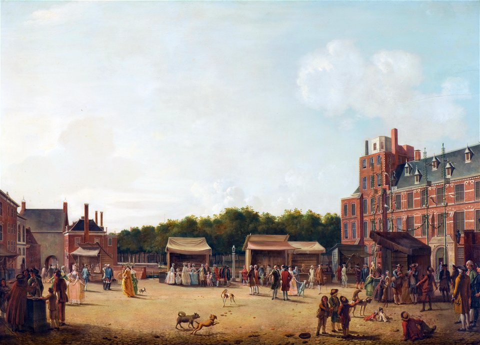 Het Buitenhof tijdens de Haagse kermis gezien naar de Gevangenpoort, met de stadhouderlijke familie door Hendrik Pothoven, 1781
