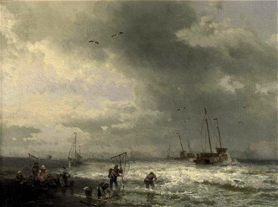 Hermann Herzog - Fishermen on the beach. Free illustration for personal and commercial use.
