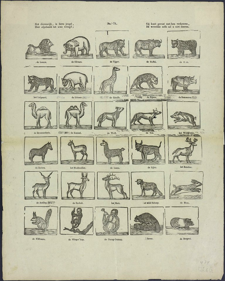 Het dierenrijk, is lieve jeugd, Hier afgebeeld tot uw vreugd; Gij kunt gerust met hen verkeeren, de wreedste zelfs zal u niet deeren-Catchpenny print-Borms 0811