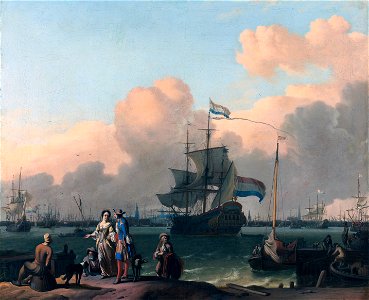Het IJ voor Amsterdam met het fregat 'De Ploeg' - The fregate 'De Ploeg' on the IJ in Amsterdam (Ludolf Backhuysen, 1708)