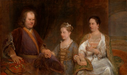 Hermanus Boerhaave (1668-1738). Hoogleraar in de geneeskunde te Leiden met zijn vrouw Maria Drolenvaux (1686-1746) en dochtertje Johanna Maria (1712-1791) gerestaureerde versie