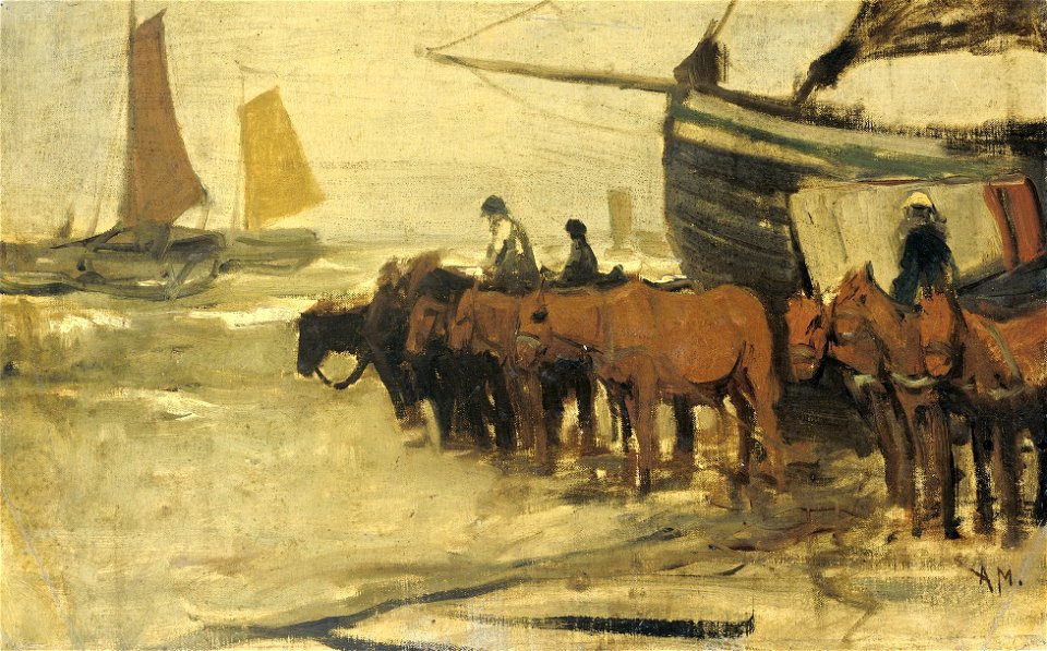 Het in zee brengen van een visserspink Rijksmuseum SK-A-1542