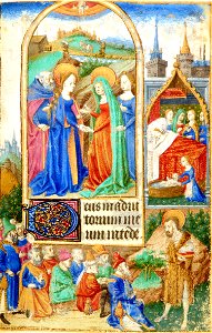 Heures de Jeanne de France BnF NAL 3244 f68r - Visitation naissance de Marie prêche de Jean-Baptiste