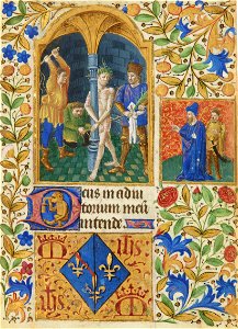 Heures de Jeanne de France BnF NAL 3244 f252r - Flagellation et armes de Jeanne de France