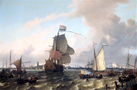 Het oorlogsschip 'Brielle' op de Maas voor Rotterdam - The warship 'Brielle' on the Maas before Rotterdam (Ludolf Backhuysen, 1689). Free illustration for personal and commercial use.