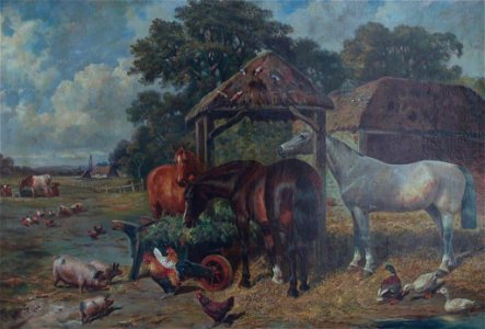 Farm scene with horses, pigs and chickens by John Frederick Herring, Sr
