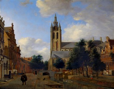 The Oude Delft Canal and the Oude Kerk, Delft, by Jan van der Heyden. Free illustration for personal and commercial use.