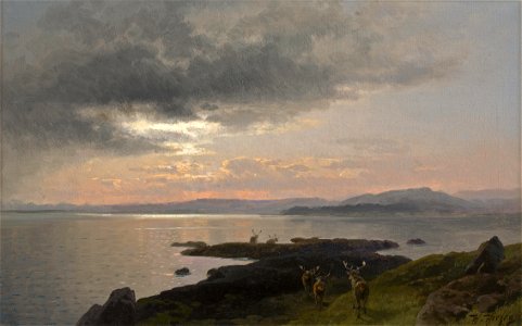 Hermann Herzog - Twighlight over a lake. Free illustration for personal and commercial use.
