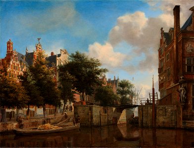 Amsterdams stadsgezicht met huizen aan de Herengracht en de oude Haarlemmersluis Rijksmuseum SK-A-154