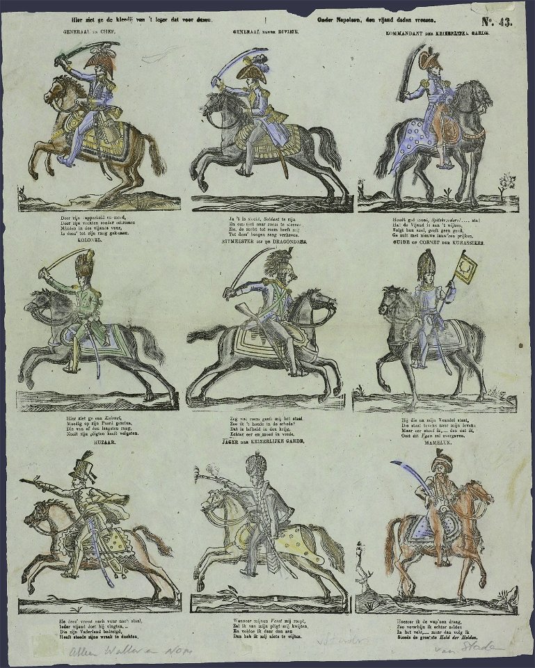 Hier ziet ge de kleedij van 't leger dat voor dezen, onder Napoleon, den vijand deden vrezen-Catchpenny print-SMC K 0071