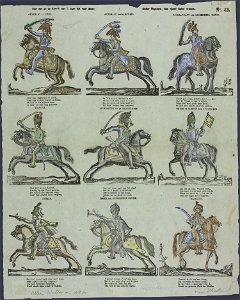 Hier ziet ge de kleedij van 't leger dat voor dezen, onder Napoleon, den vijand deden vrezen-Catchpenny print-SMC K 0071