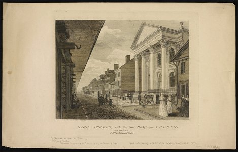 High Street, with the First Presbyterian church Philadelphia. Taken down in 1820 - designed & published by W. Birch enamel painter, 1800. LCCN2013650033