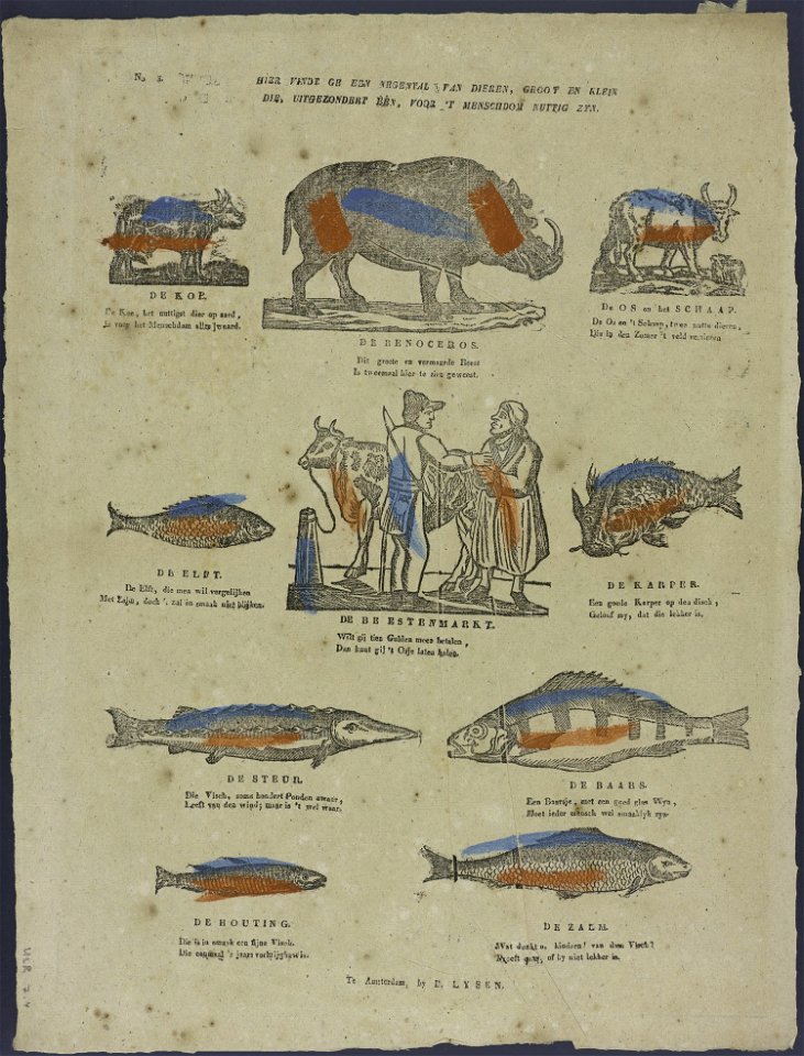 Hier vindt ge een negental van dieren , groot en klein. die uitgezondert èèn door 't menschdom nuttig zyn-Catchpenny print-Borms 0410