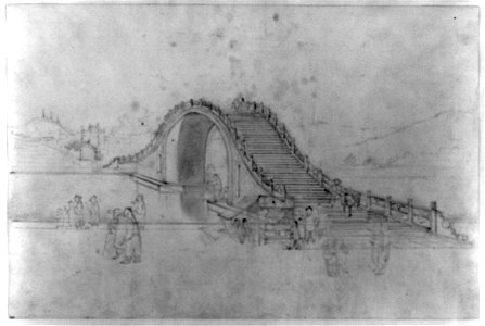 High-arched bridge over river, with street vendor selling ice cold plum juice in the foreground LCCN2011660765