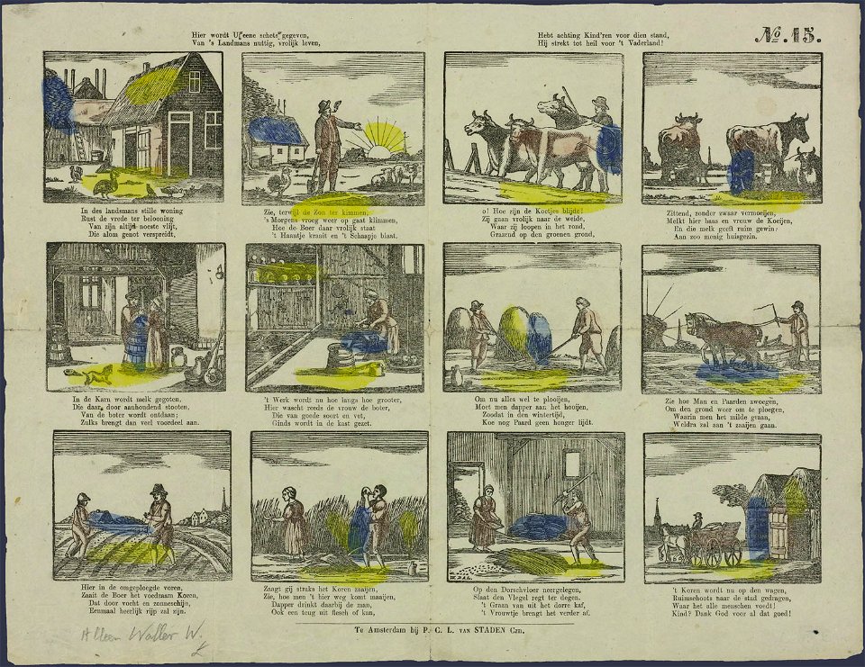 Hier wordt U eene schets gegeven, Van 's landmans nuttig, vrolijk leven. Hebt achting kind'ren, voor dien stand, Hij strekt tot heil voor 't vaderland!-Catchpenny print-SMC K 0036
