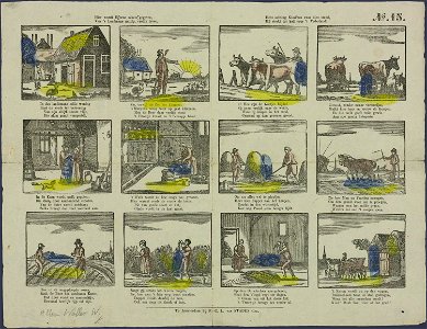 Hier wordt U eene schets gegeven, Van 's landmans nuttig, vrolijk leven. Hebt achting kind'ren, voor dien stand, Hij strekt tot heil voor 't vaderland!-Catchpenny print-SMC K 0036