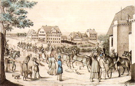 HG - Der Ausritt (aus Tübingen über die Neckarbrücke) kol.Lithographie ca1830 Inv3176 (SW025)