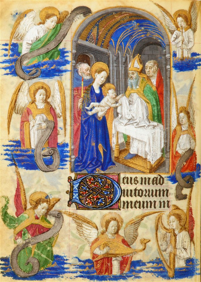Heures de Jeanne de France BnF NAL 3244 f103v - Présentation au temple et anges musiciens