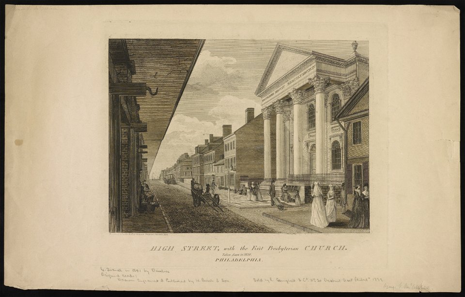 High Street, with the First Presbyterian church Philadelphia. Taken down in 1820 - designed & published by W. Birch enamel painter, 1800. LCCN2013650033
