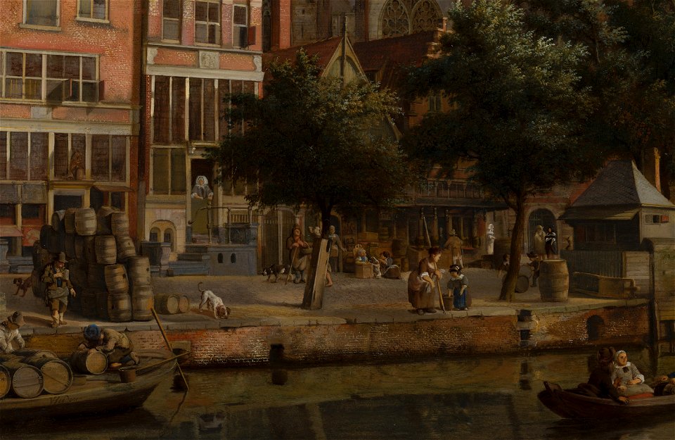 Bierkaai - Detail van Jan van der Heyden, View of Oudezijds Voorburgwal with the Oude Kerk in Amsterdam