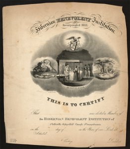 Hibernian Benevolent Institution, incorporated 1833 - design and on stone by J. Queen ; P.S. Duval Lith. Philada. LCCN2011645601