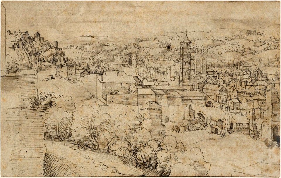 Hilly Landscape with a City by Jan van Scorel