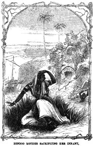 Hindoo Mother Sacrificing her infant (November 1853, X, p.120). Free illustration for personal and commercial use.