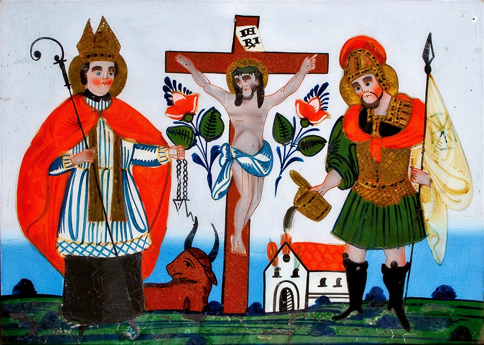 Hinterglasbild Kreuz Christi mit Hl Leonhard und Hl Florian Sandl 19Jh