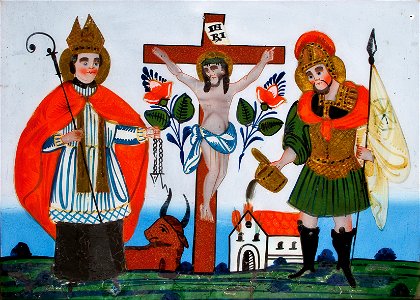 Hinterglasbild Kreuz Christi mit Hl Leonhard und Hl Florian Sandl 19Jh