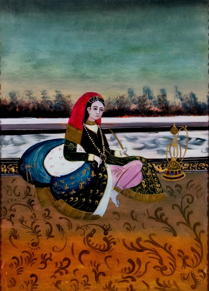Hinterglasbild Dame mit Wasserpfeife Indien 19Jh