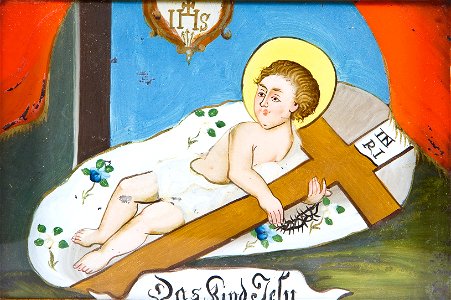 Hinterglasbild Liegendes Jesuskind süddt 19Jh. Free illustration for personal and commercial use.