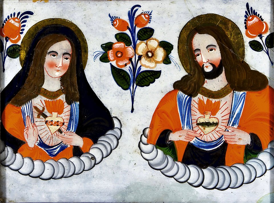 Hinterglasbild Herz Mariens Herz Jesu Sandl 19Jh