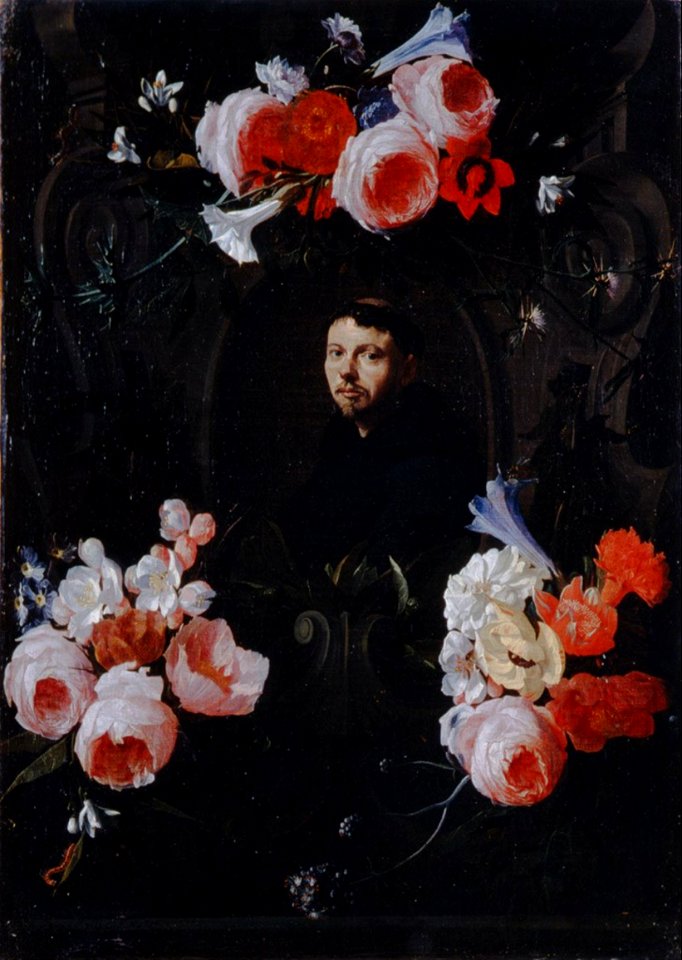 Hieronymus Galle - monk in garland of flowers
