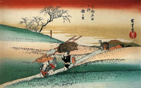 Hiroshige Women walking on a road through the fields. Free illustration for personal and commercial use.