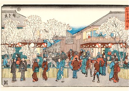 Hiroshige, Nakanochô in the Yoshiwara District, Edo meisho. Free illustration for personal and commercial use.