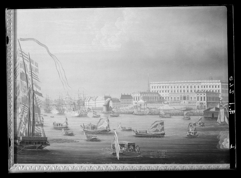 Hilleström - stadsvy H E Charlottas intåg 1774, detalj m hertiginnans slup - Livrustkammaren - 78422