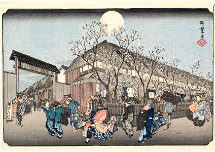 Hiroshige, Evening Cherry Blossoms, Yoshiwara Nakanochô (Yoshiwara nakanochô yozakura) From the series Famous Views