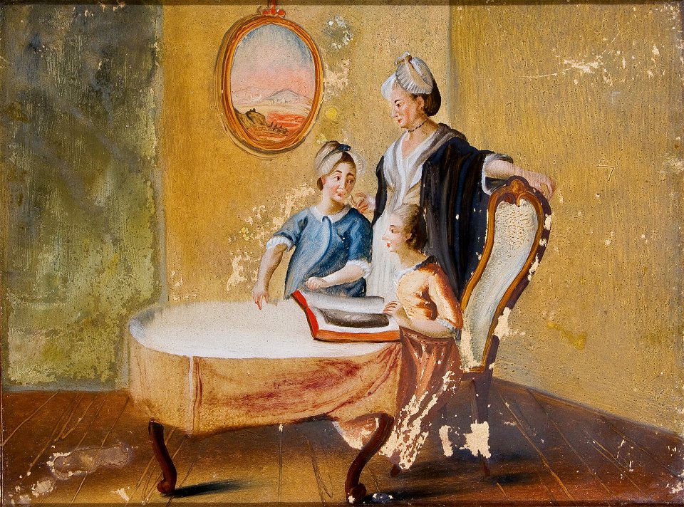 Hinterglasbild Genreszene Frau mit Kindern und Buch