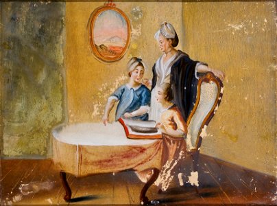 Hinterglasbild Genreszene Frau mit Kindern und Buch