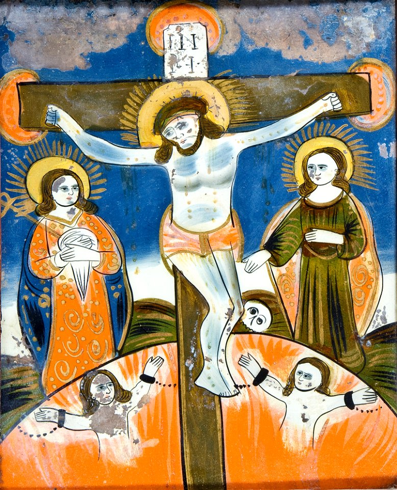 Hinterglasbild Kreuzigung und Arme Seelen