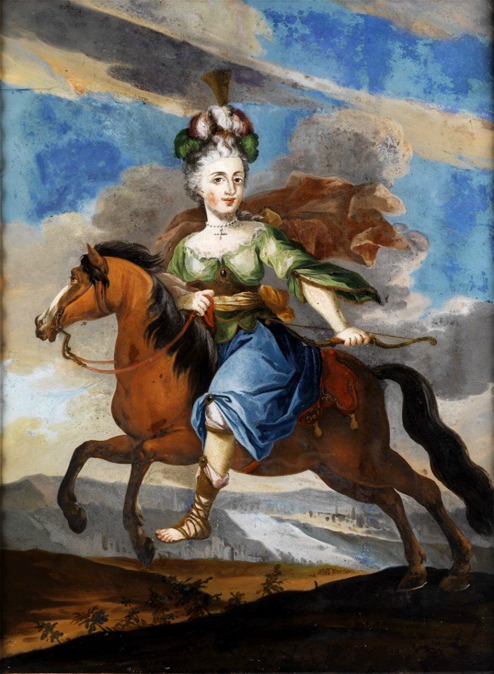 Hinterglasbild Höfische Dame als Diana zu Pferd