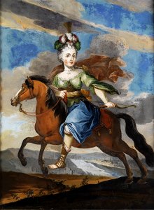 Hinterglasbild Höfische Dame als Diana zu Pferd